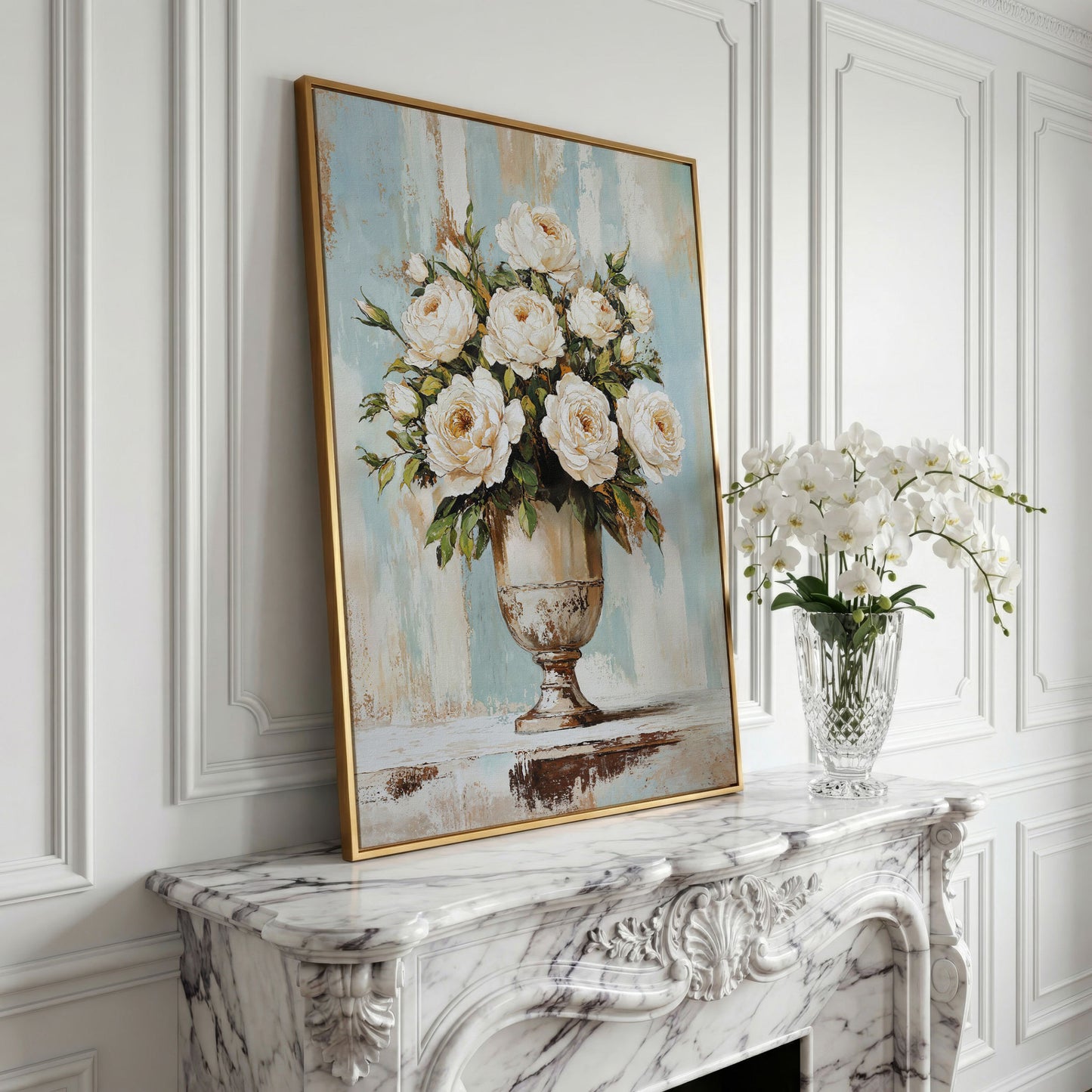 White Roses in an Ornate Vase, Floral Canvas Wall Art in yellow gold floating frame