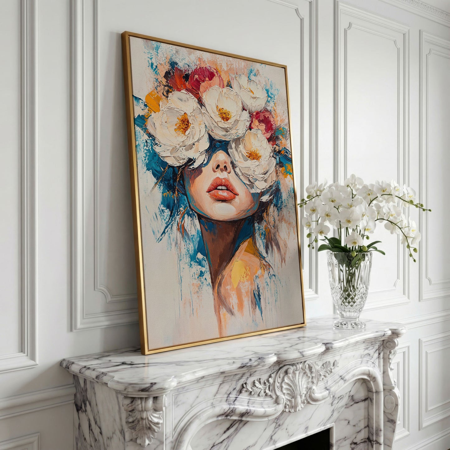 Floral Headdress Woman Portrait Canvas Art in yellow gold floating frame