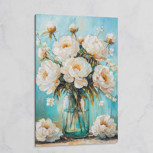 White Peony Bouquet in Glass Jar. Floral Canvas Wall Art on gallery wrap