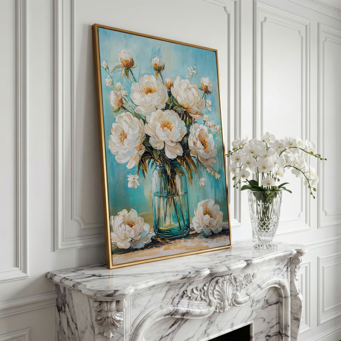 White Peony Bouquet in Glass Jar. Floral Canvas Wall Art in yellow gold floating frame