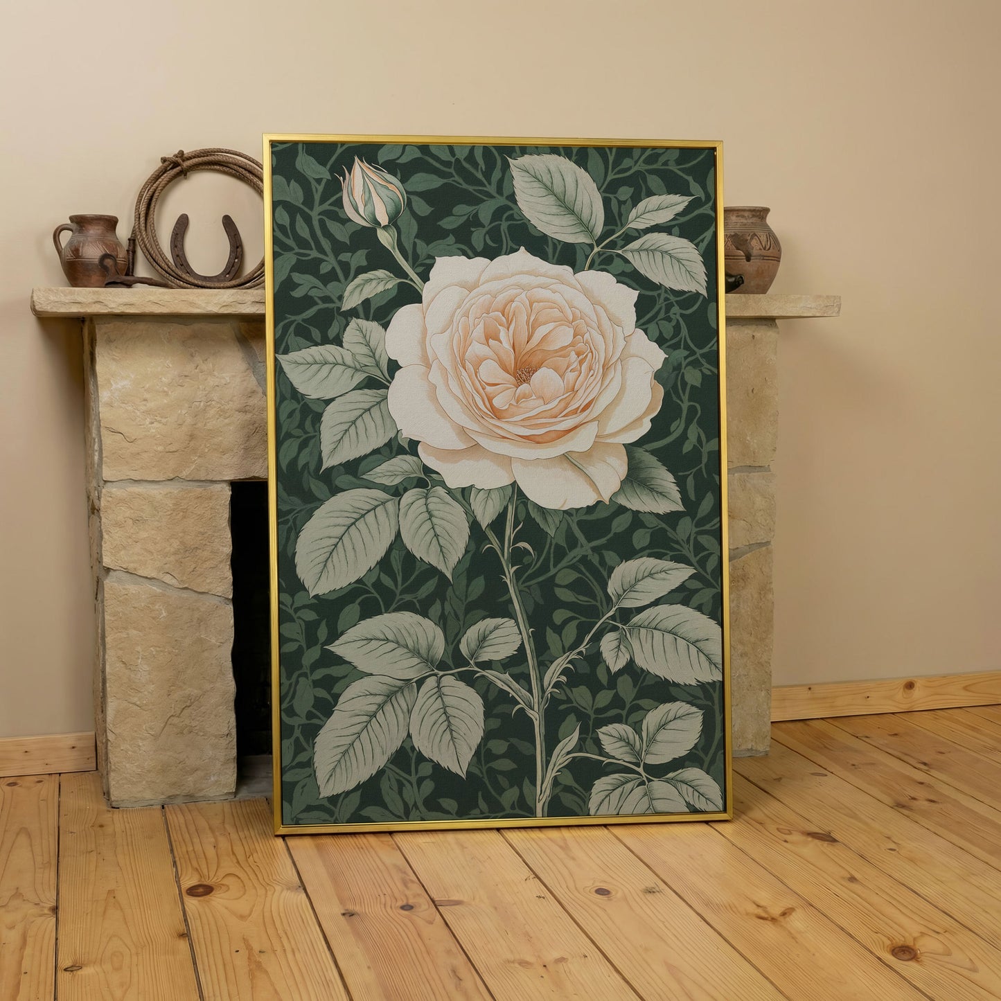 White Rose Canvas Print with Forest Green Background in yellow gold floating frame