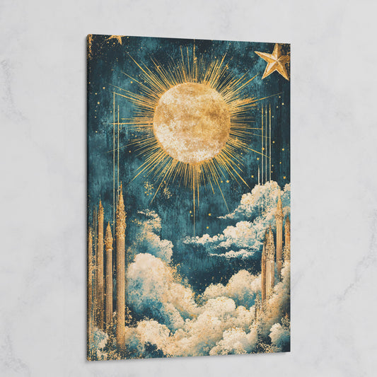 Celestial Sun and Stars Canvas Art, Vintage Mystical Style on gallery wrap
