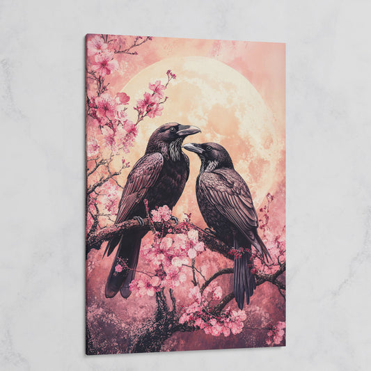 Two Ravens on Cherry Blossom Branch, Full Moon Canvas Art on gallery wrap