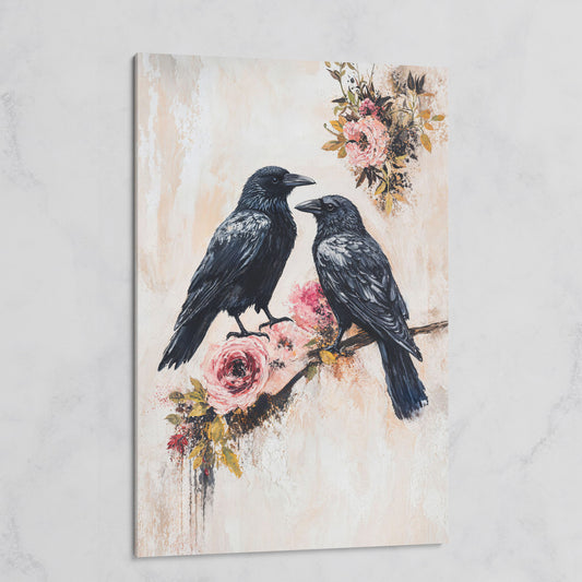 Raven and Crow on Floral Branch Canvas on gallery wrap