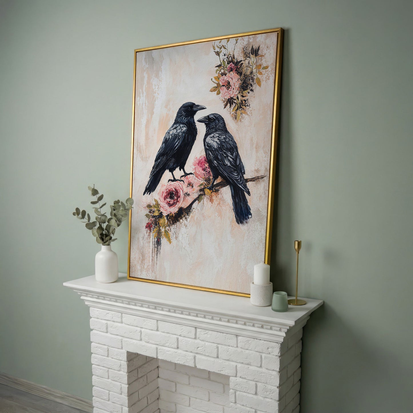 Raven and Crow on Floral Branch Canvas in yellow gold floating frame