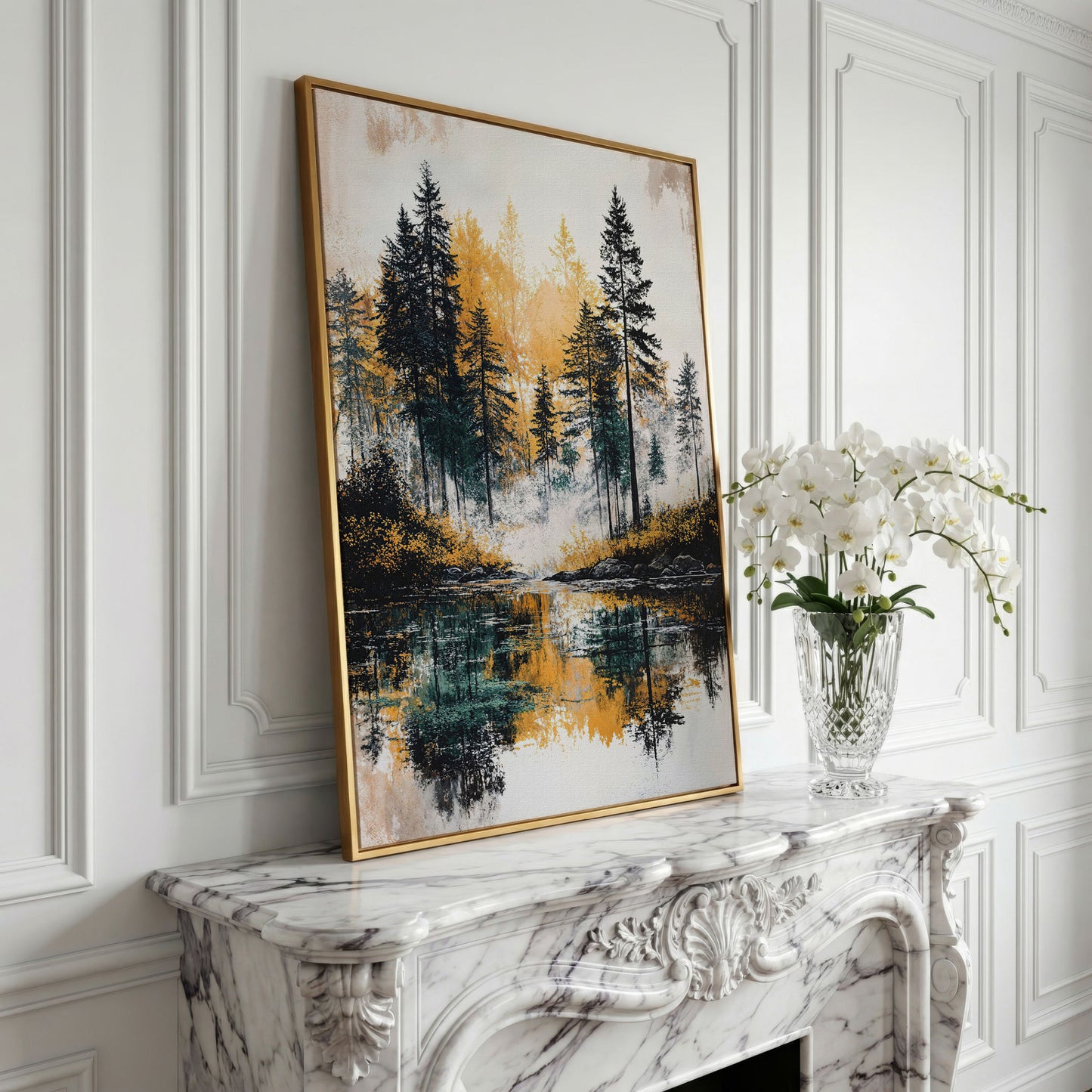Autumn Forest Lake Reflection Canvas Wall Art in yellow gold floating frame