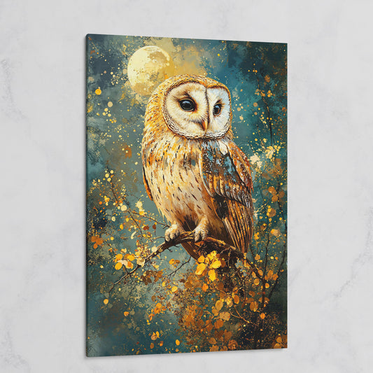 Owl on a Branch Canvas Print with Full Moon and Autumn Leaves on gallery wrap