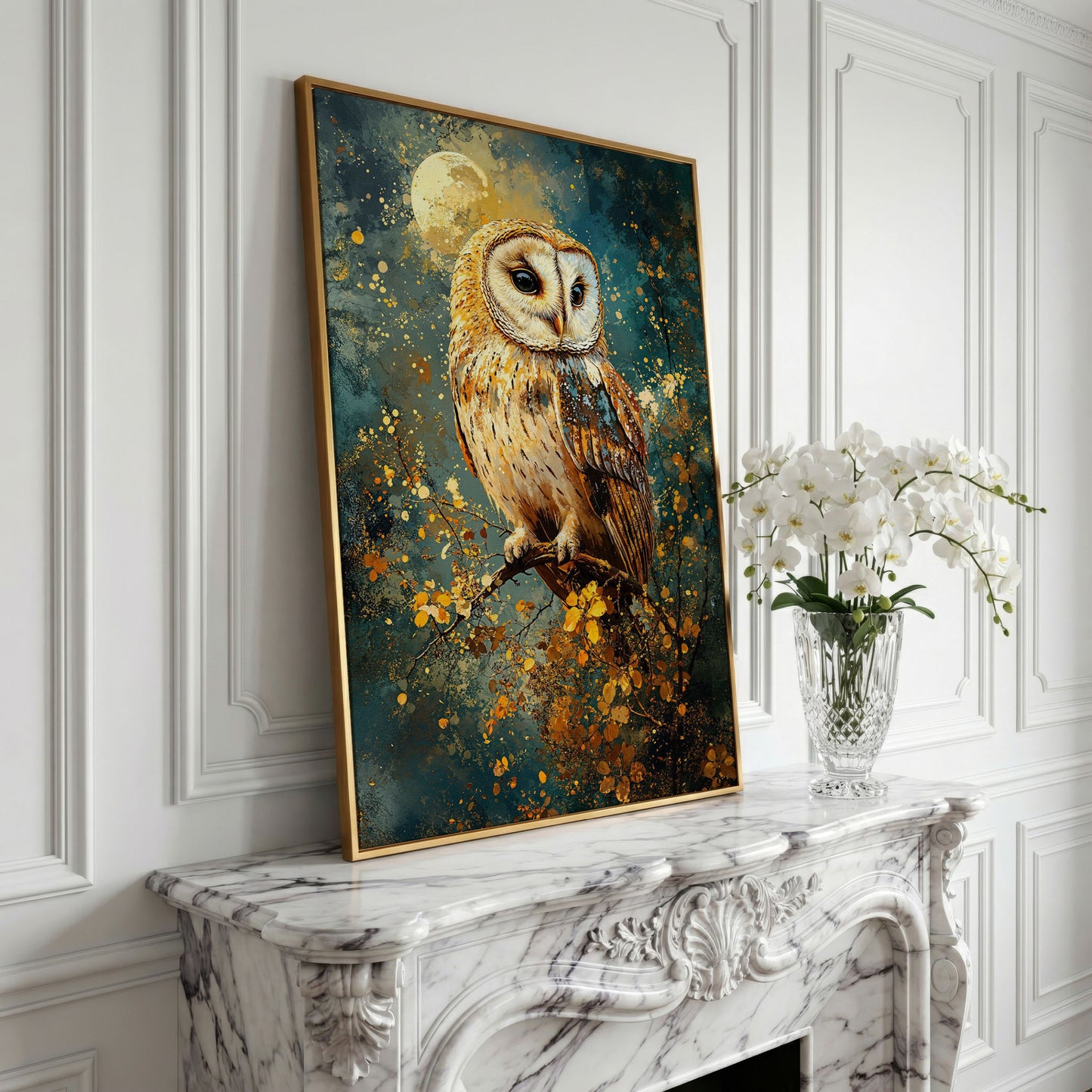 Owl on a Branch Canvas Print with Full Moon and Autumn Leaves in yellow gold floating frame