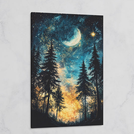 Mystical Forest Night Sky Canvas Art with Moon and Stars on gallery wrap