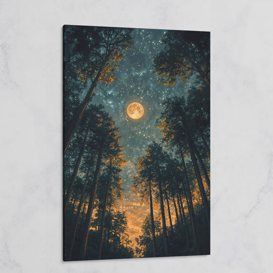 Moonlit Forest at Night: Full Moon and Stars Canvas on gallery wrap