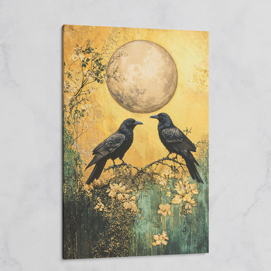 Two Ravens on a Branch, Full Moon Canvas Wall Art on gallery wrap
