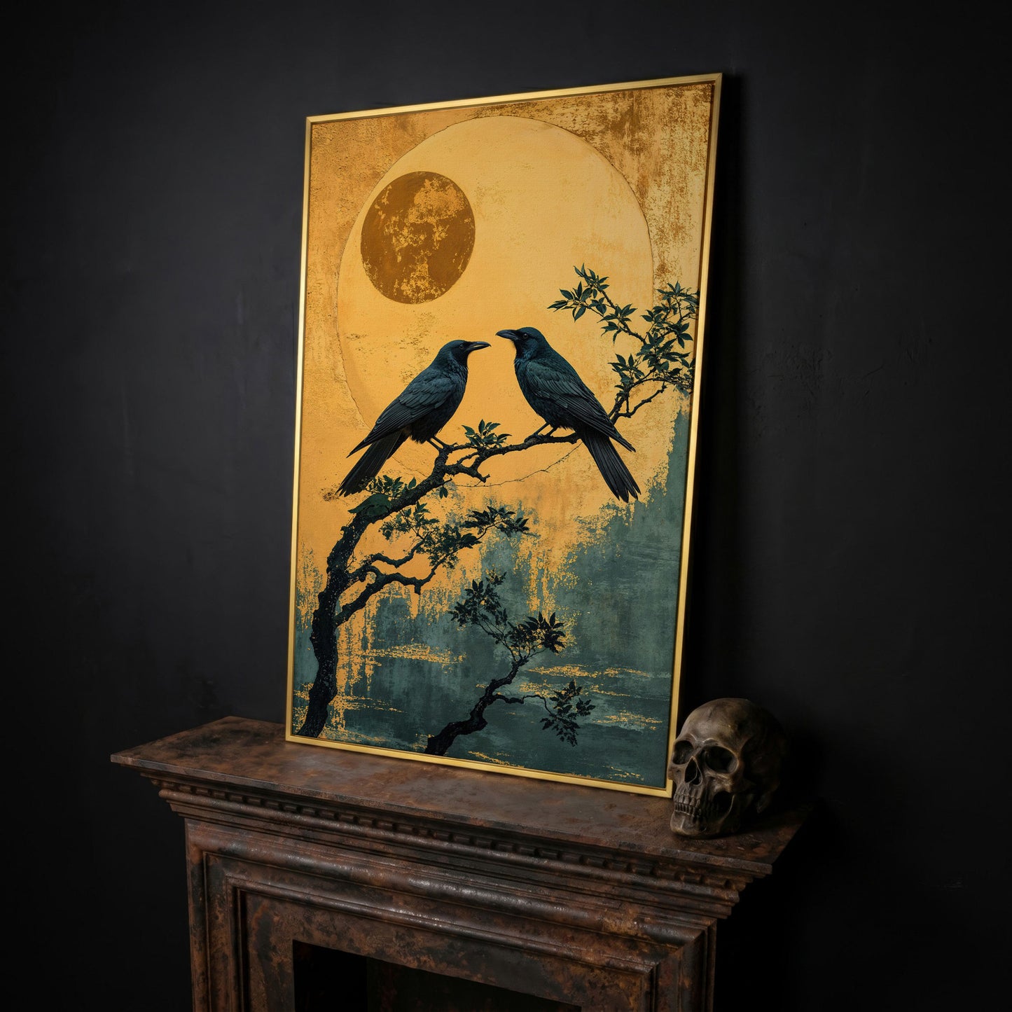 Raven on Branch with Moon Canvas Print in yellow gold floating frame