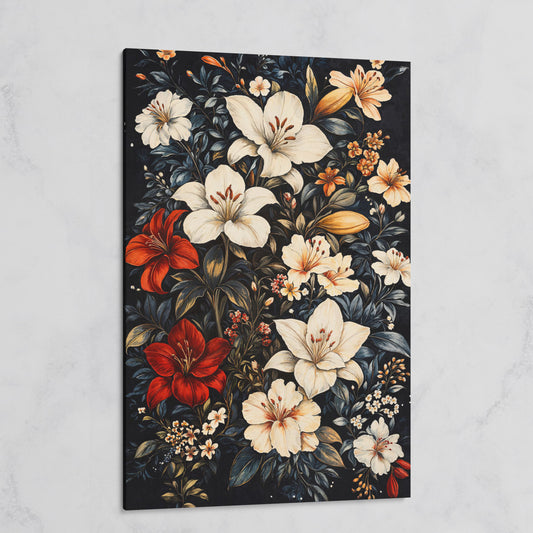 Lilies Bouquet Canvas Print, Midnight and Gold on gallery wrap