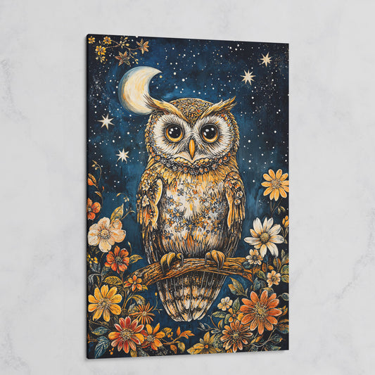 Owl on Floral Branch Canvas Print on gallery wrap