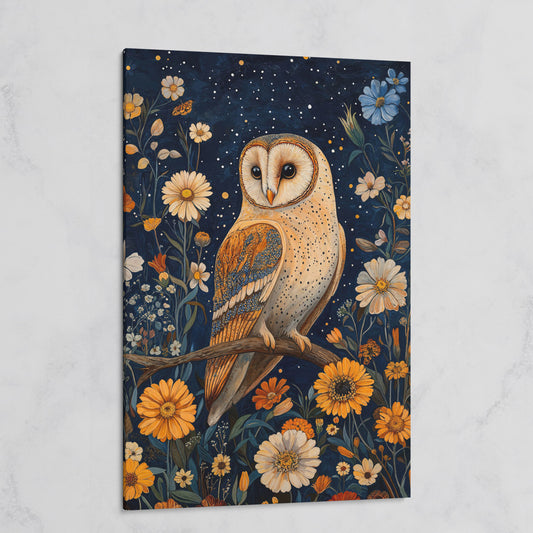 Barn Owl on Wildflowers Canvas Print on gallery wrap