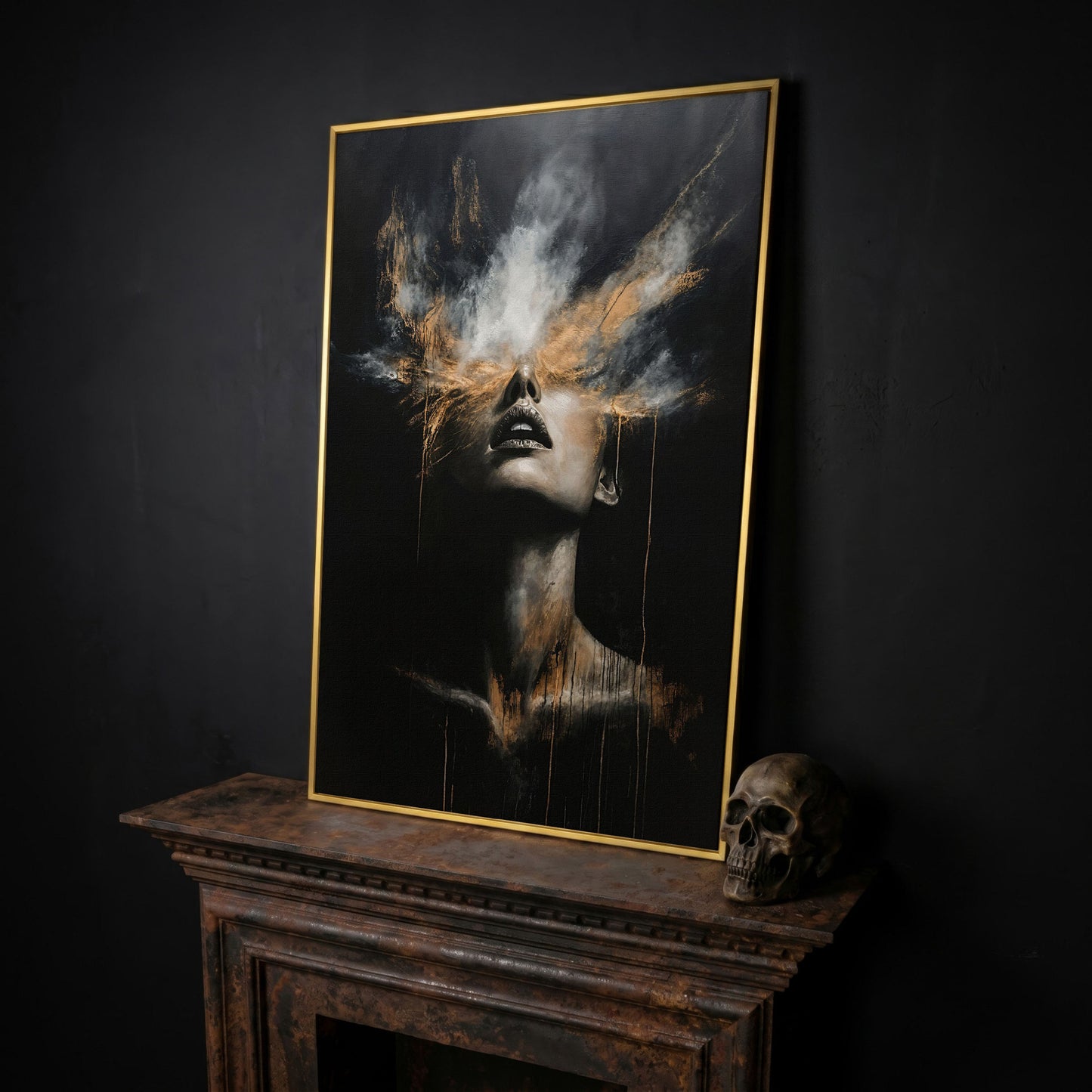 Mystical Woman in Smoke Canvas Print, Abstract Art in yellow gold floating frame