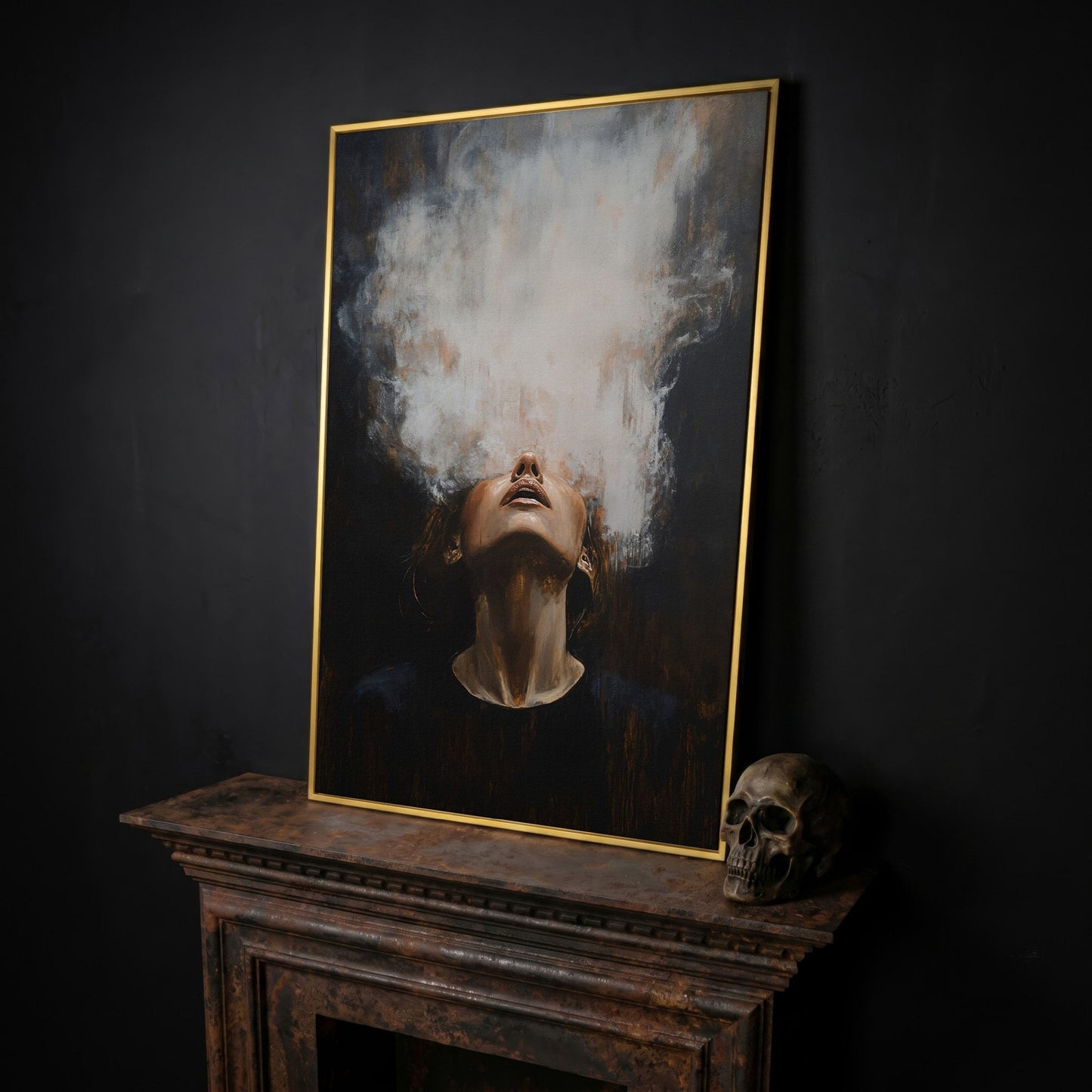 Surreal Woman with Smoke Effect Canvas in yellow gold floating frame