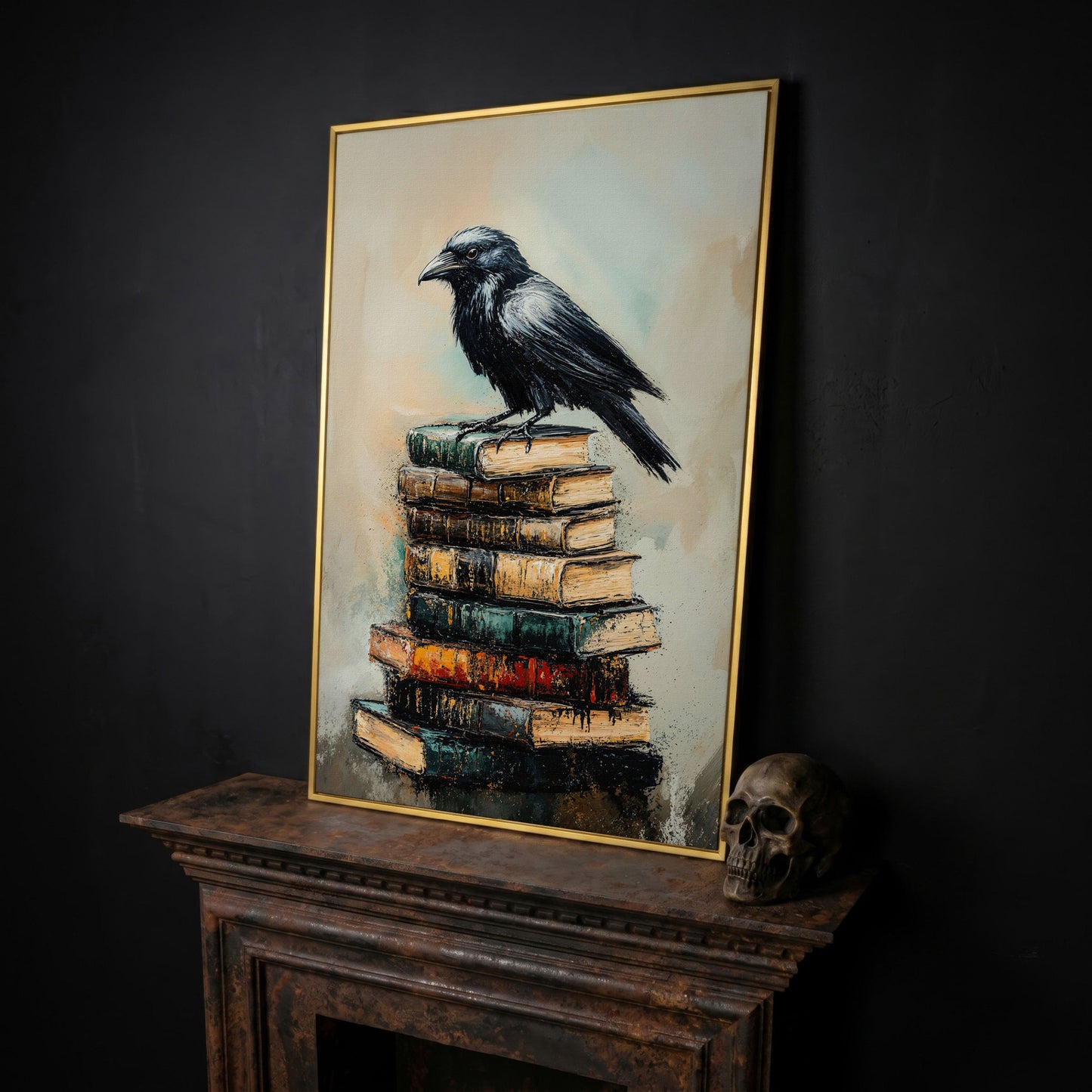 Raven on Book Stack Canvas Print in yellow gold floating frame