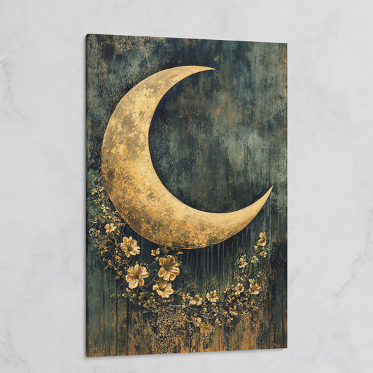 Golden Crescent Moon with Flowers Canvas Wall Art on gallery wrap