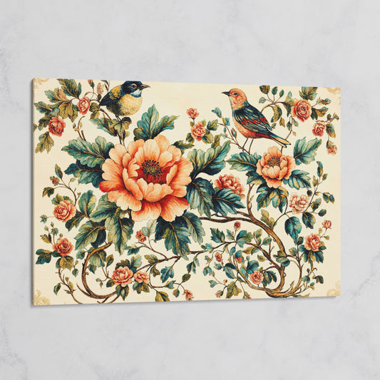 Two Birds Among Roses and Peonies. Botanical Canvas Art on gallery wrap