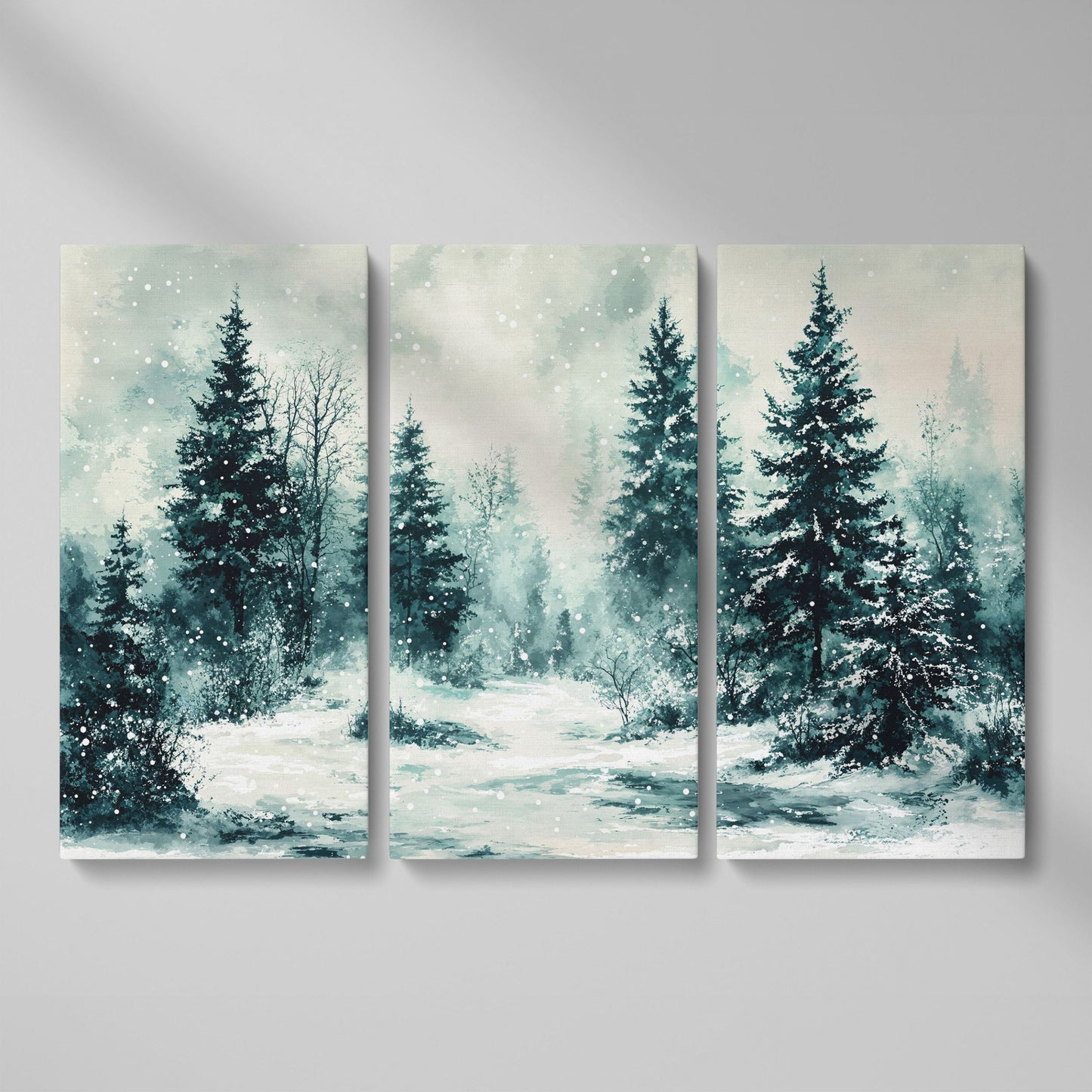 Snow-Covered Pine Forest Canvas Wall Art, Winter Landscape as 3-panel split version