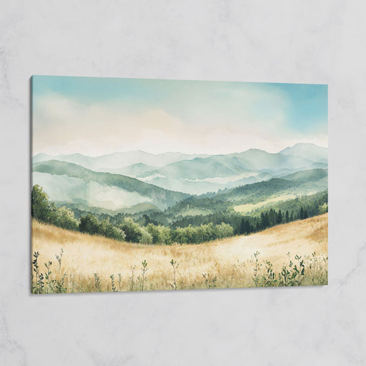 Misty Mountain Meadows Canvas Art, Rolling Hills and Forest Landscape on gallery wrap