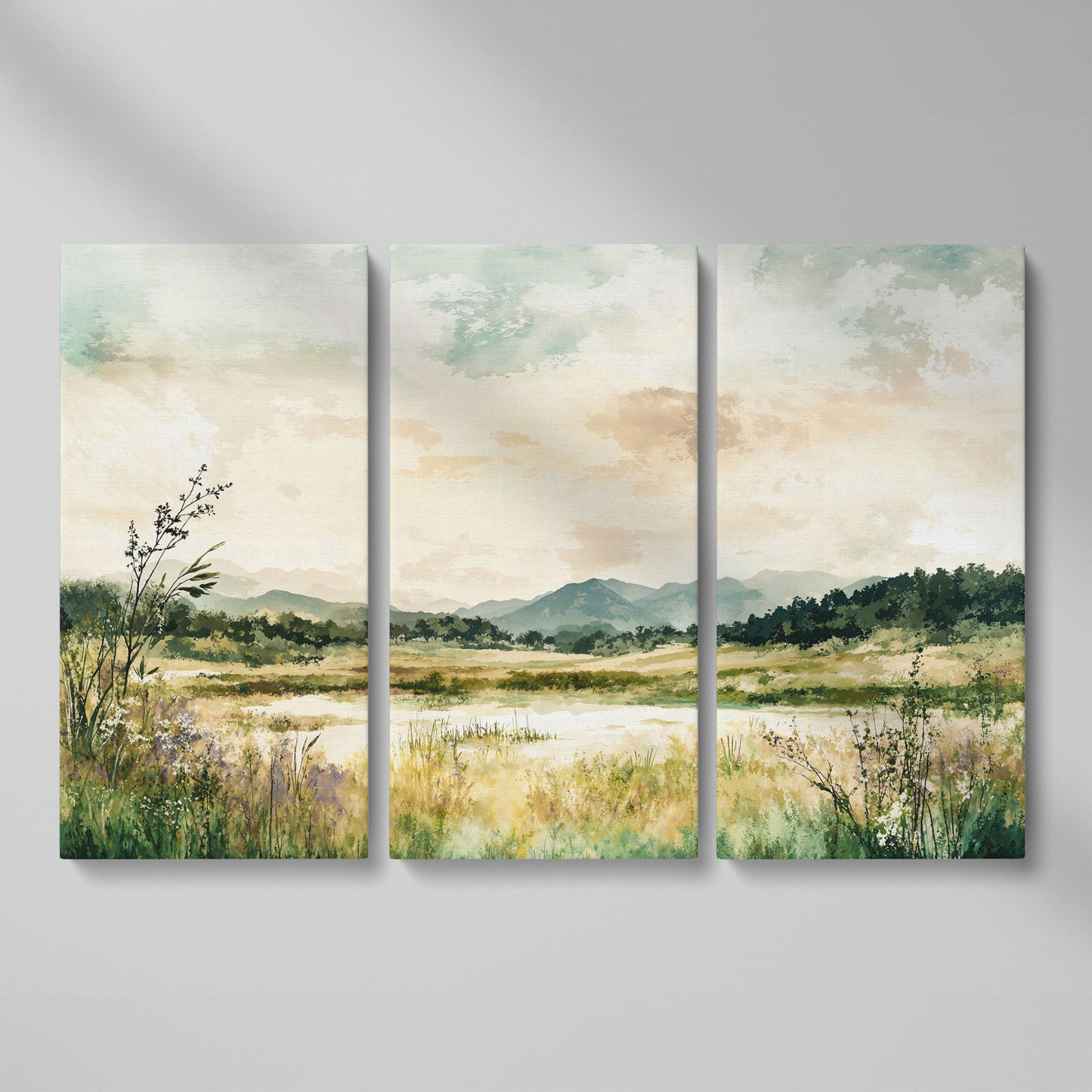 Mountain Lake Landscape Canvas Wall Art, Fields and Water as 3-panel split version