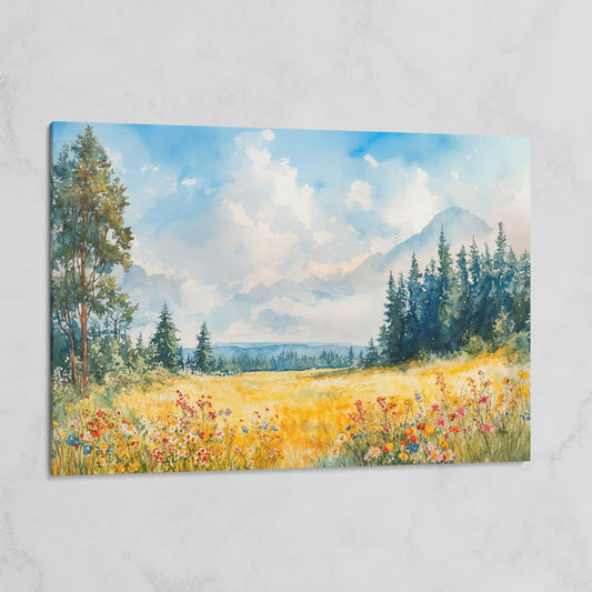 Wildflower Meadow and Mountain Landscape Canvas Wall Art on gallery wrap