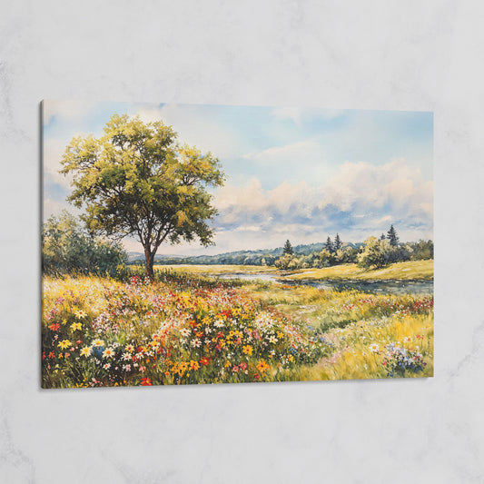 Wildflower Meadow with Stream and Tree Canvas Wall Art on gallery wrap