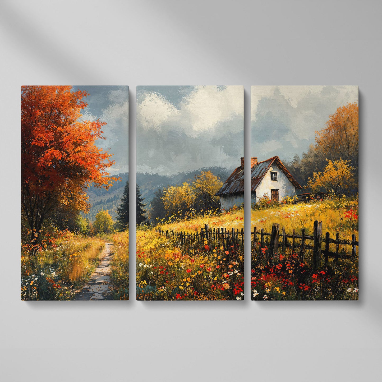 Cozy Cottage in Meadow Canvas Wall Art as 3-panel split version