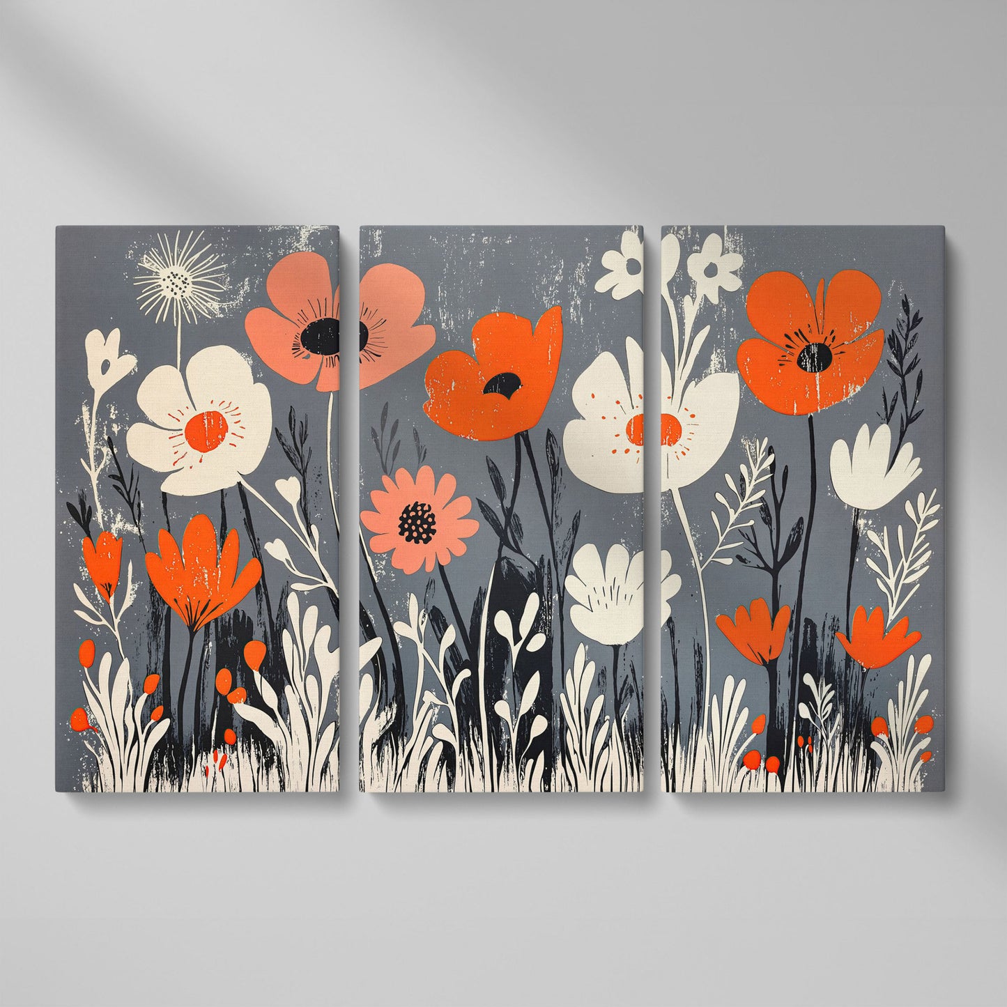 Wildflower Field Canvas Wall Art, Botanical Floral Print as 3-panel split version