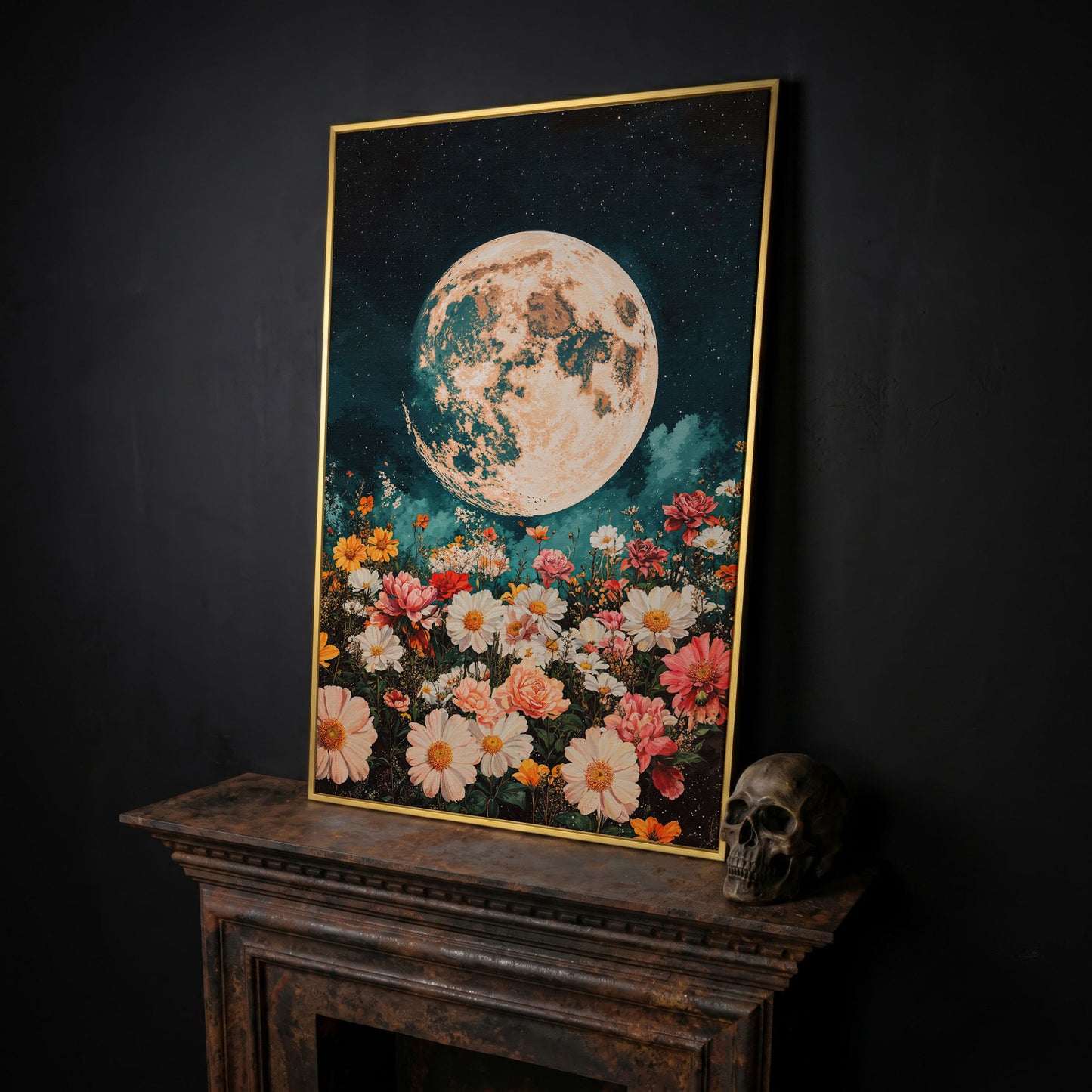 Full Moon Over Floral Field Canvas Print in yellow gold floating frame