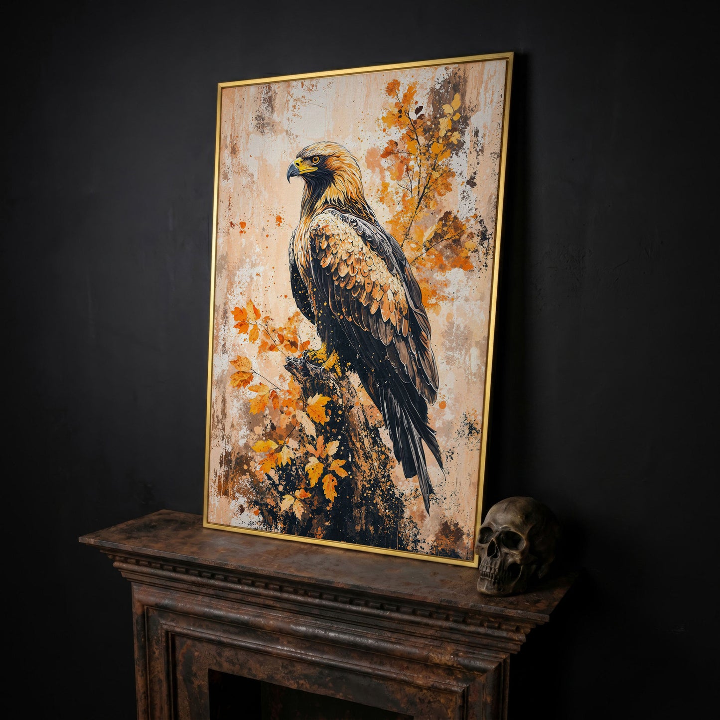 Majestic Eagle in Golden Foliage Canvas Print in yellow gold floating frame