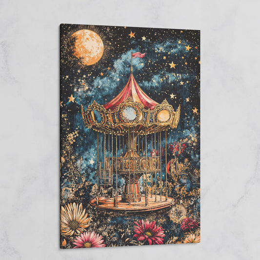 Vintage Carousel Under a Starry Night Sky Canvas Art on gallery wrap