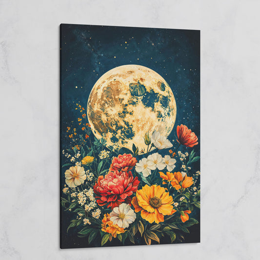 Full Moon Rising Over a Floral Bouquet Canvas Wall Art on gallery wrap