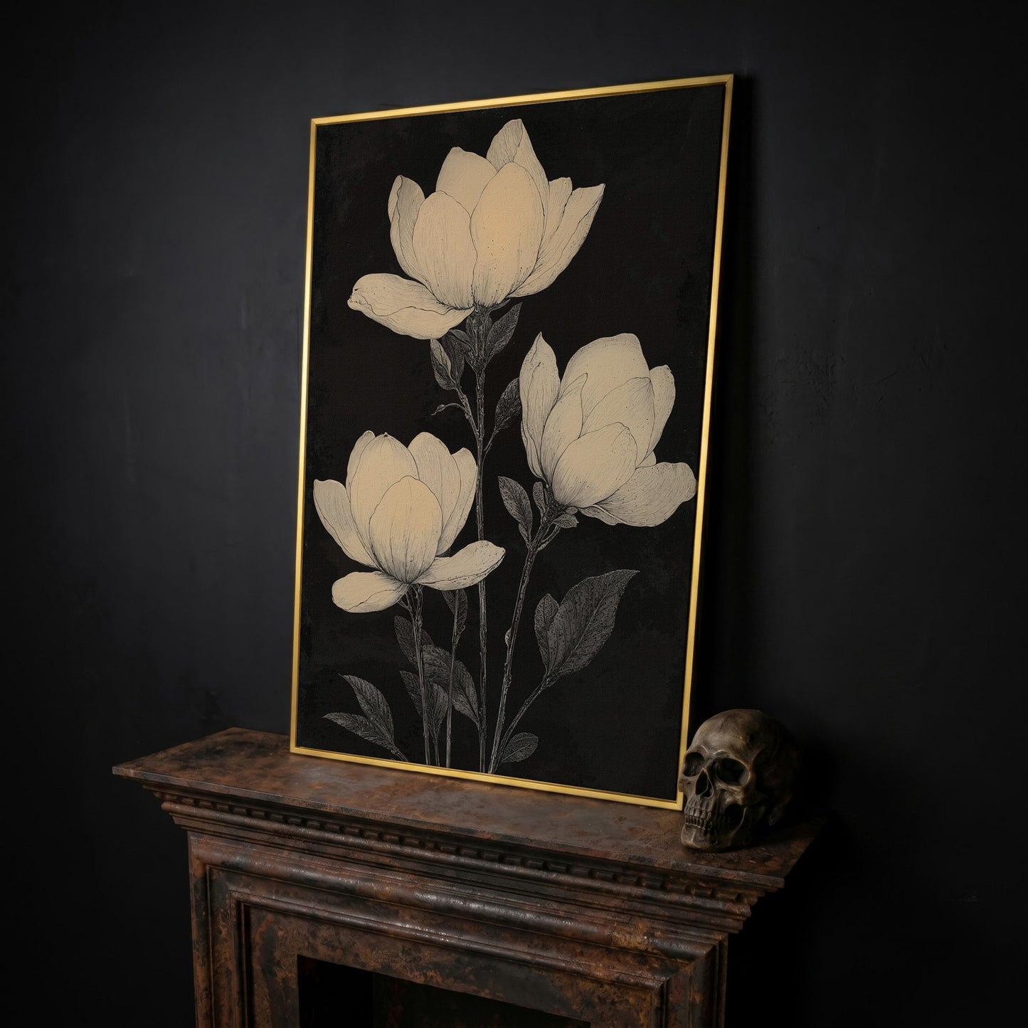 Magnolia Flowers Canvas Print, Botanical Black and White in yellow gold floating frame