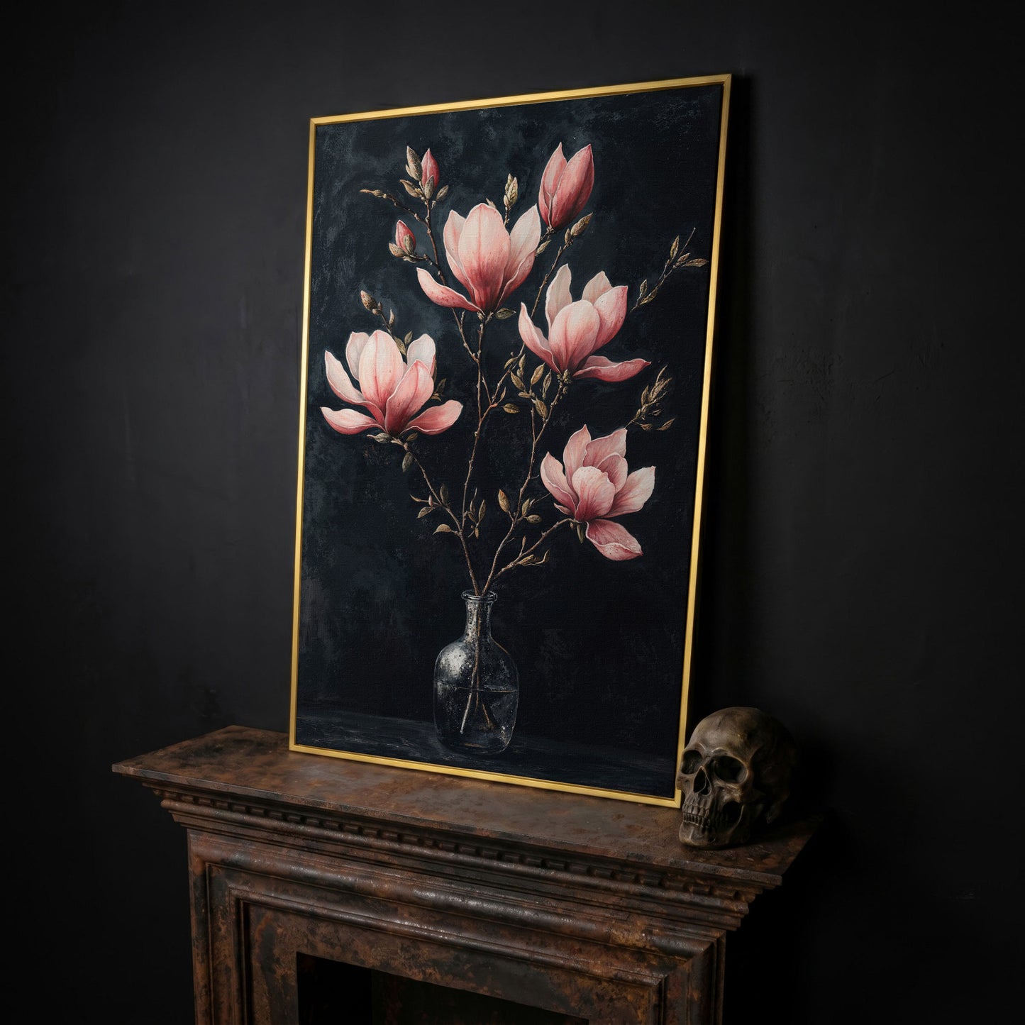 Magnolia and Pink Flowers in Vase Canvas Print in yellow gold floating frame