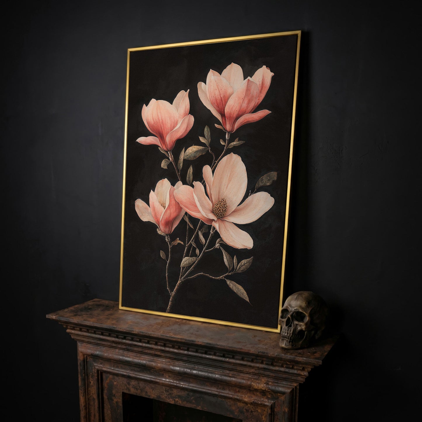 Magnolia Blossoms in Dusty Rose, Four-Stage Botanical Canvas in yellow gold floating frame