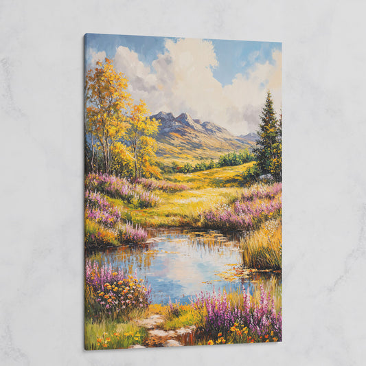 Mountain Landscape with Wildflower Meadow and Pond on gallery wrap canvas