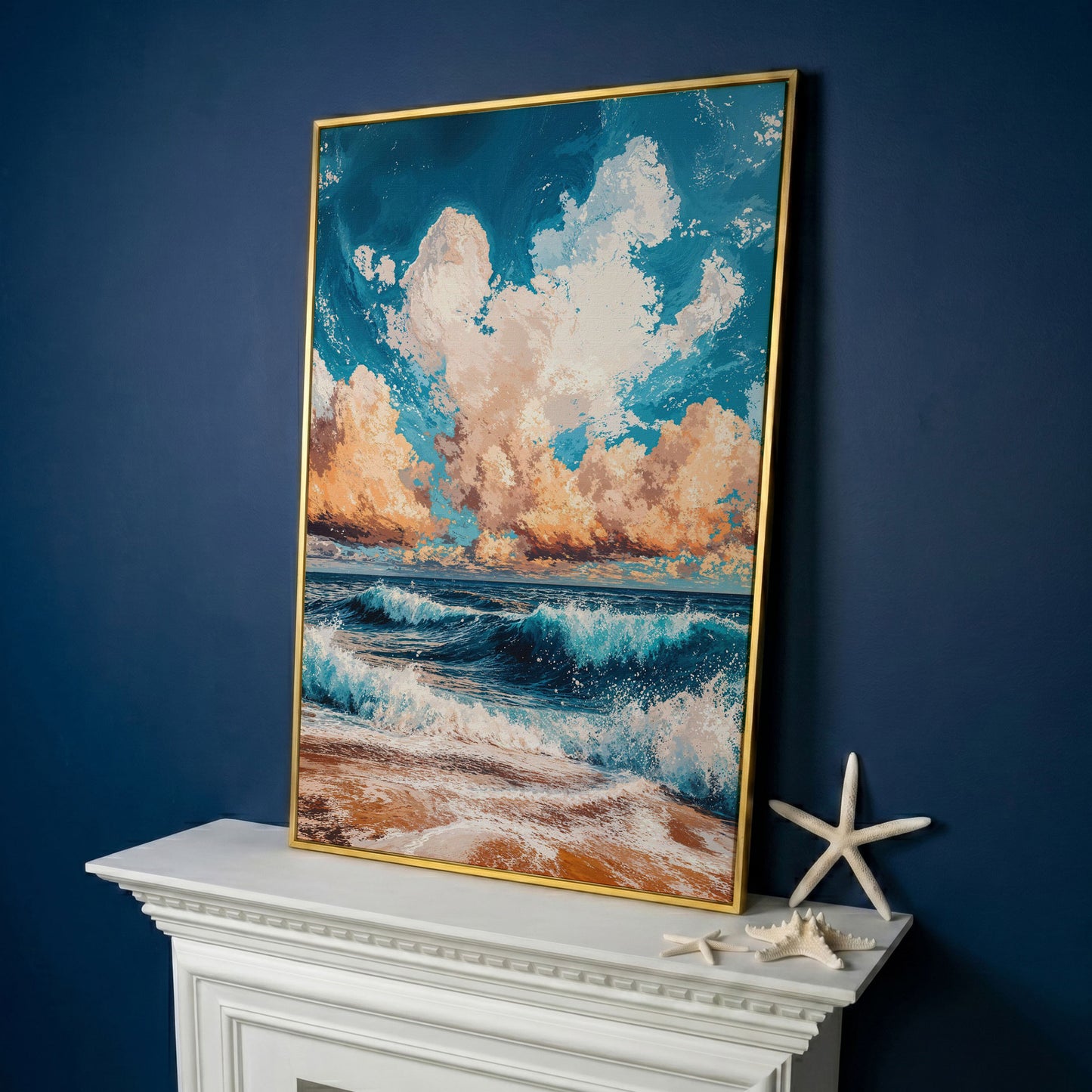 Sandy Beach Seascape Canvas Print with Azure & Peach Tones in yellow gold floating frame