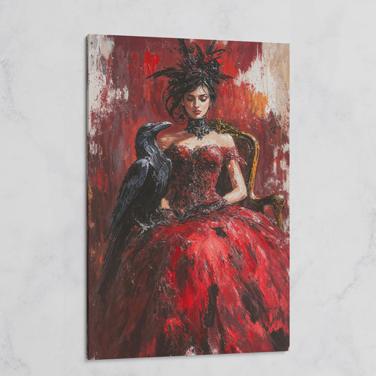 Gothic Lady in Red Dress with Black Raven Canvas on gallery wrap