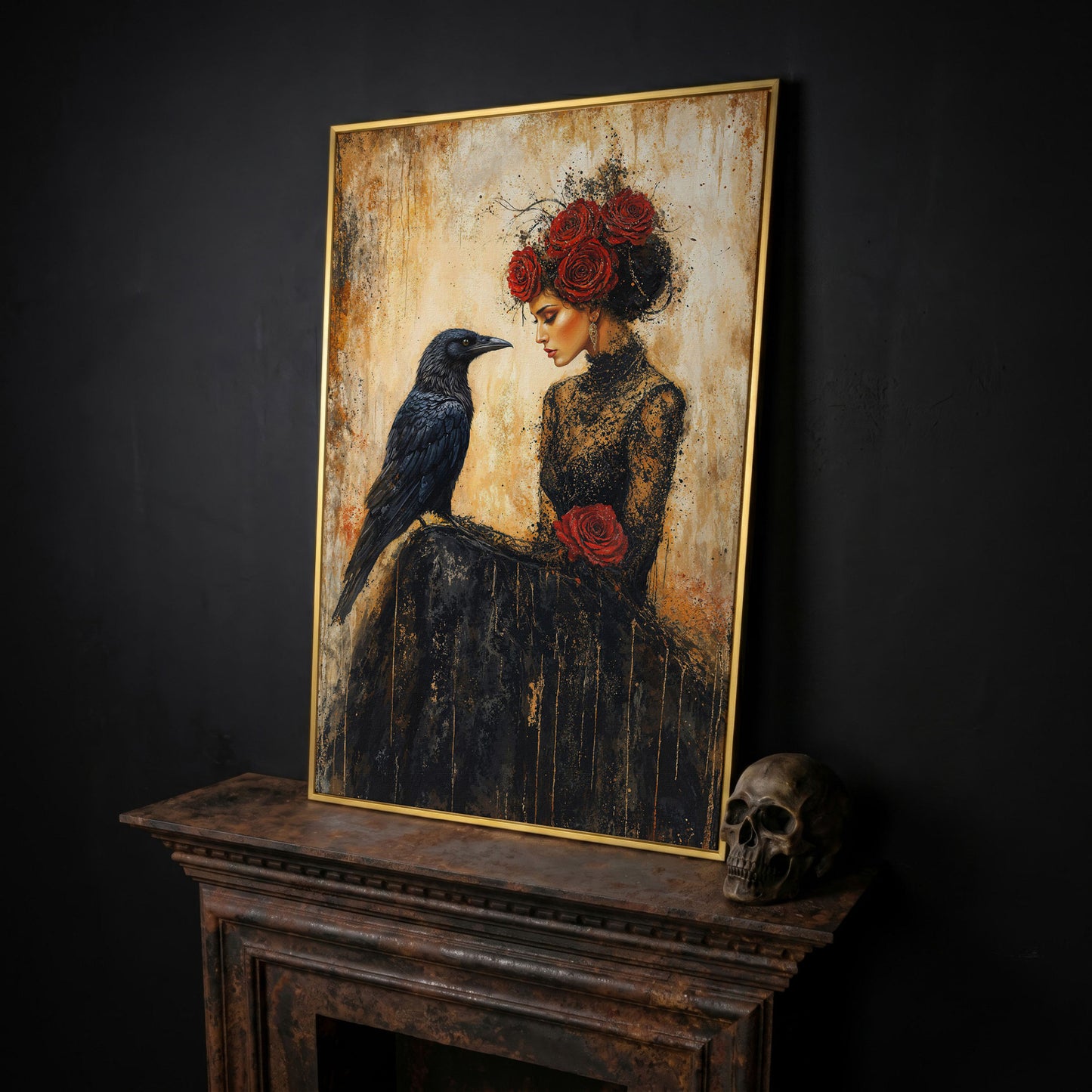 Gothic Lady and Raven Canvas with Red Roses in yellow gold floating frame