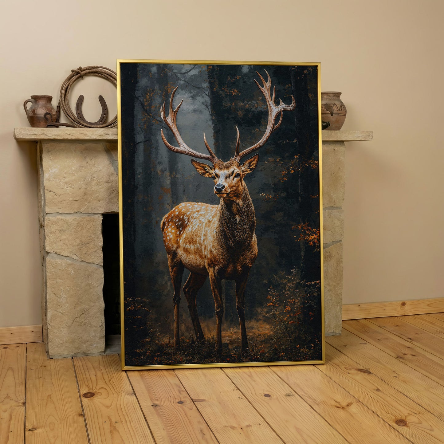 Majestic Stag in Forest Wildlife Canvas in yellow gold floating frame