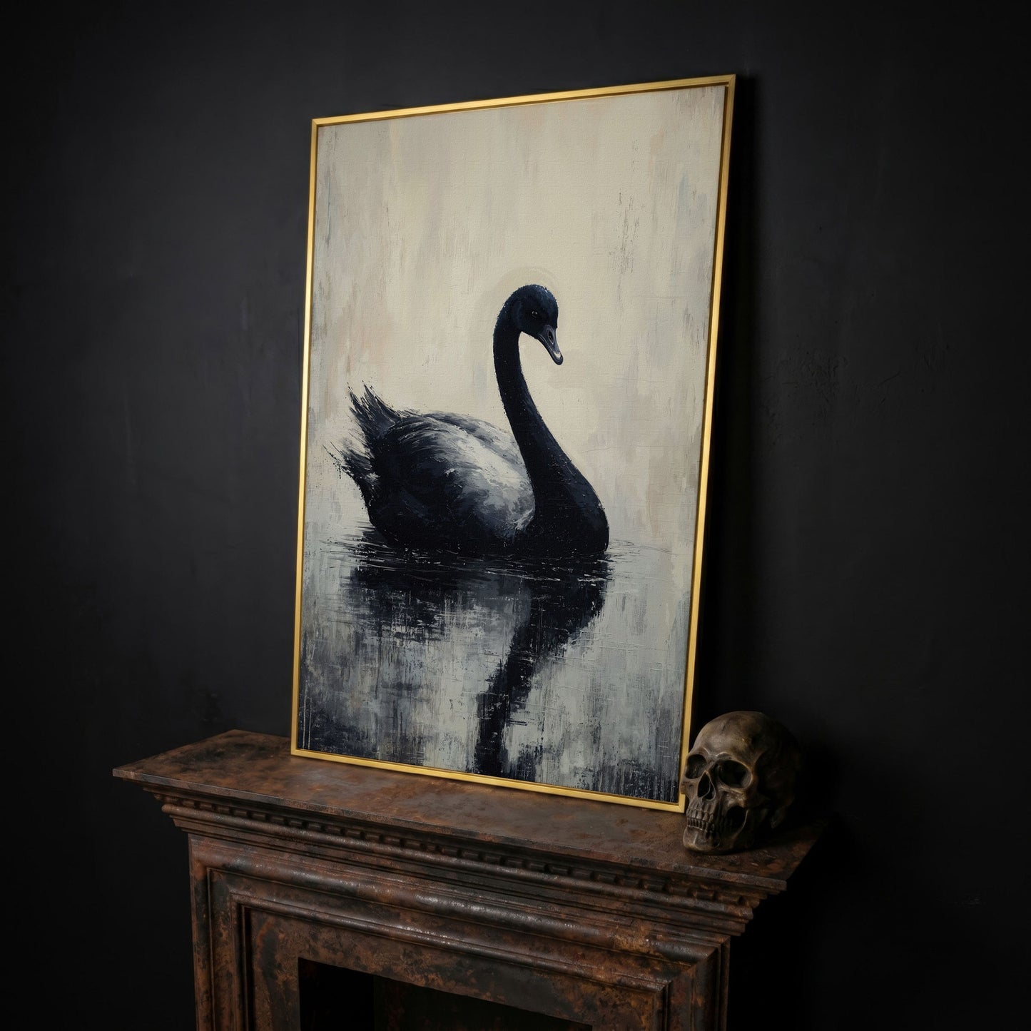 Black Swan on Calm Water Canvas Print in yellow gold floating frame