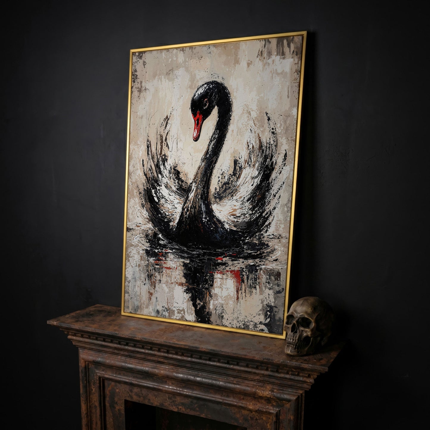 Black Swan Abstract Canvas Print in yellow gold floating frame