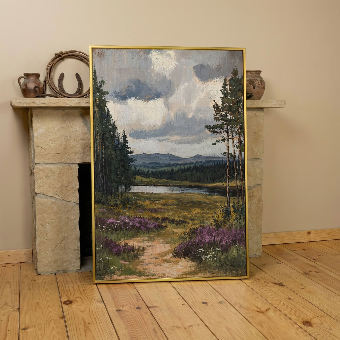 Serene Countryside With Lake Canvas Print in yellow gold floating frame