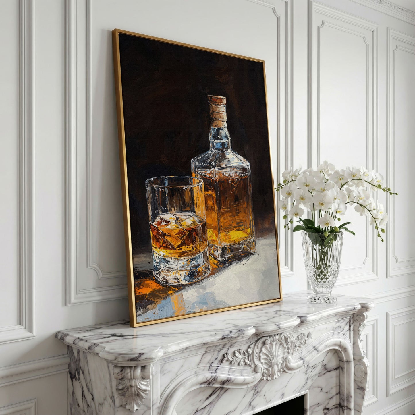 Whiskey Bottle and Glass Canvas Print in Black and Gold in yellow gold floating frame