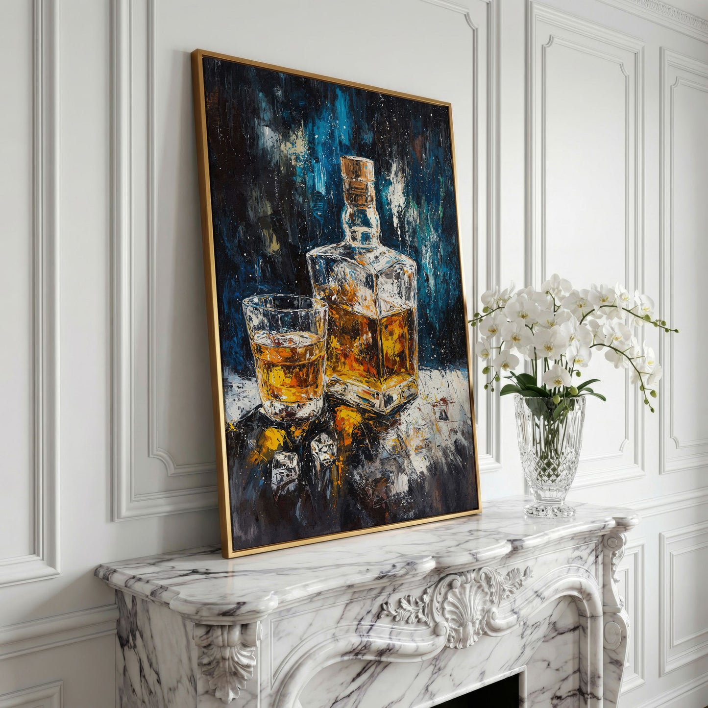 Whiskey in Decanter Canvas Wall Art in yellow gold floating frame