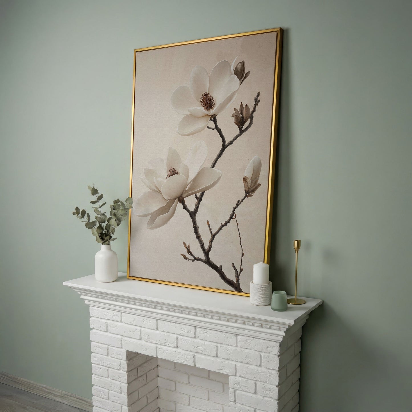 Magnolia Blooms Canvas Print in Cream and Taupe in yellow gold floating frame