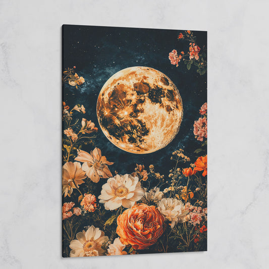 Full Moon and Elegant Flowers Canvas on gallery wrap
